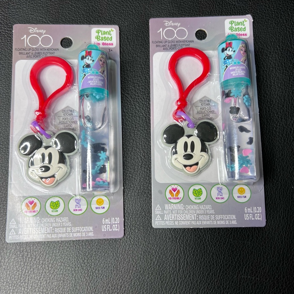 New in Package Disney 100 Plant Based Lip Gloss with Keychain Set of 2